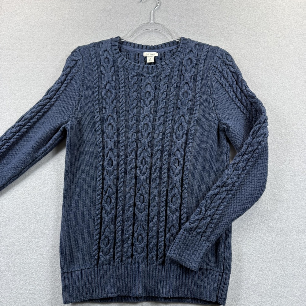L.L. Bean Sweater Womens Medium Blue Cable Knit Cotton Crew Neck Pullover Warm